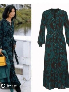 CAbi Black and Teal Leaf-Print Long Sleeve Maxi Dress